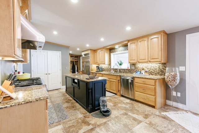 kitchen with island range hood, decorative backsplash, appliances with stainless steel finishes, and light brown cabinets