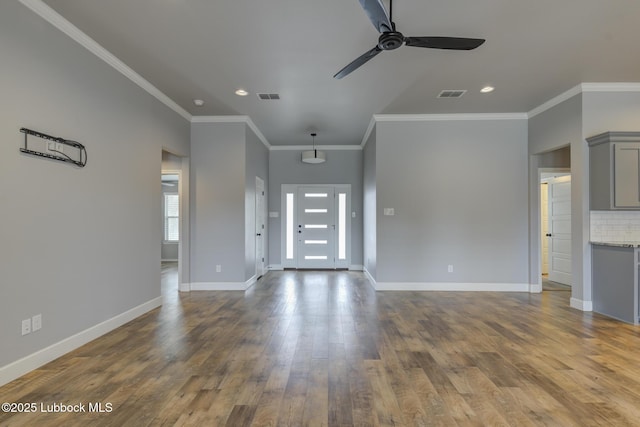 4020 125th St, Lubbock, TX 79423 - unfurnished living room with a ceiling fan, recessed lighting, dark wood-style floors, and ornamental molding