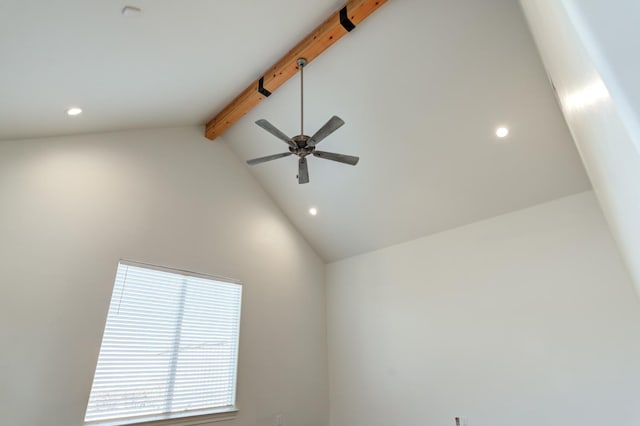 interior details with beamed ceiling and ceiling fan