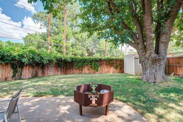 view of yard featuring a patio area, an outdoor structure, a fenced backyard, and a shed