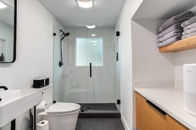 full bathroom featuring a shower stall and toilet