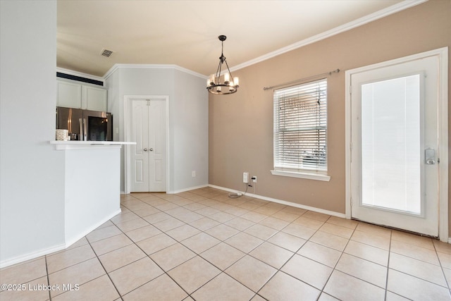 10827 Detroit Ave, Lubbock, TX 79423 - unfurnished dining area featuring ornamental molding, a chandelier, baseboards, and light tile patterned floors