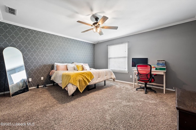 10827 Detroit Ave, Lubbock, TX 79423 - bedroom with wallpapered walls, ornamental molding, multiple windows, carpet, and baseboards