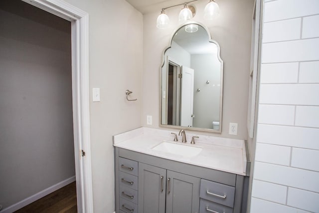 bathroom featuring vanity and wood-type flooring