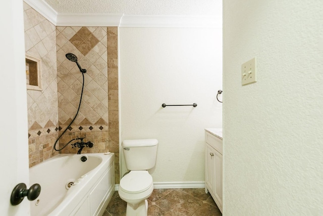 full bathroom with vanity, ornamental molding, a textured ceiling, toilet, and tiled shower / bath