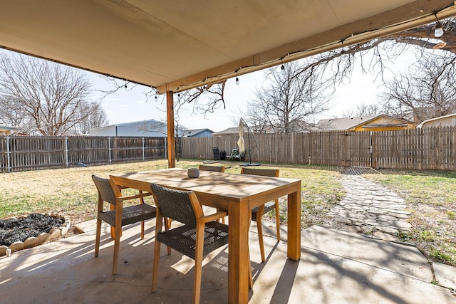 view of patio / terrace featuring a fenced backyard and outdoor dining space