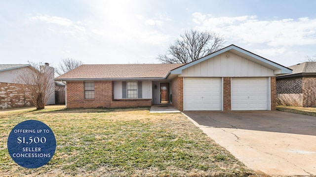 ranch-style home with a garage and a front yard