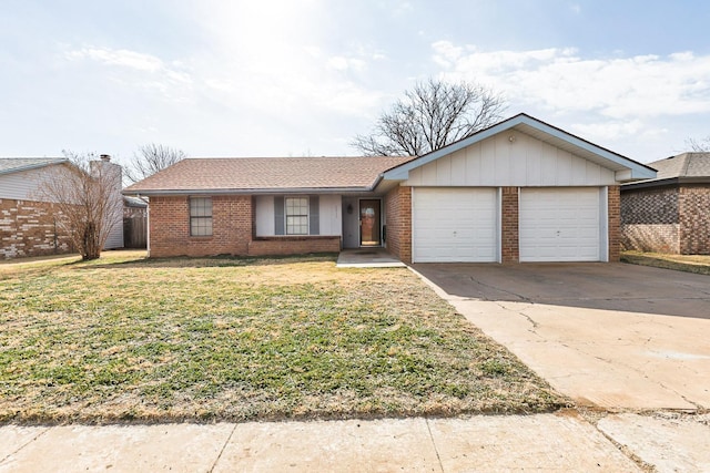 single story home with an attached garage, a shingled roof, concrete driveway, a front lawn, and brick siding