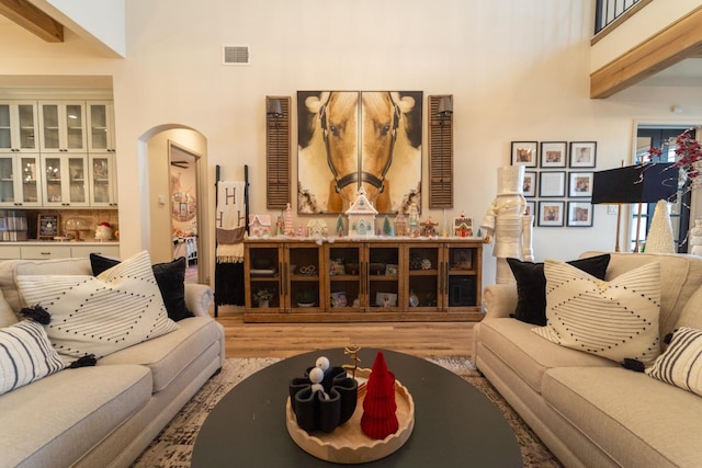 living room featuring light hardwood / wood-style floors and a high ceiling