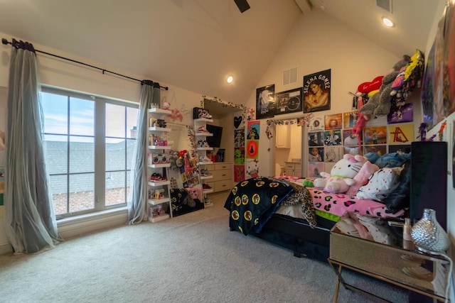 bedroom with a water view, ceiling fan, carpet flooring, and high vaulted ceiling