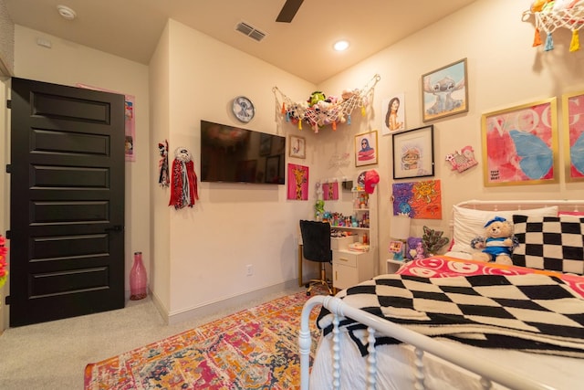 carpeted bedroom featuring ceiling fan