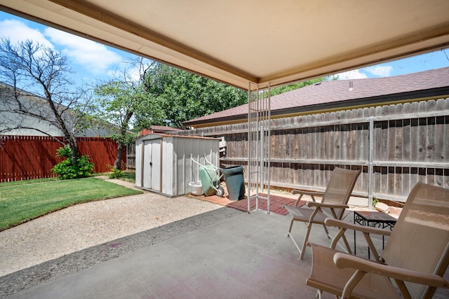 view of patio with a storage shed