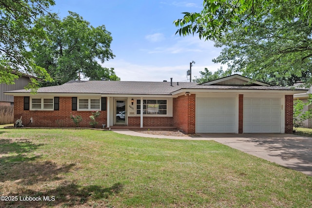 6405 Joliet Ave, Lubbock, TX 79413 - ranch-style house featuring an attached garage, driveway, a front lawn, and brick siding