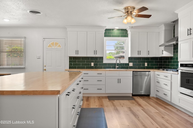 6405 Joliet Ave, Lubbock, TX 79413 - kitchen with appliances with stainless steel finishes, wooden counters, ceiling fan, white cabinets, and tasteful backsplash