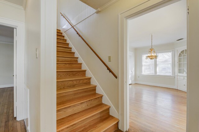 stairway with wood-type flooring, ornamental molding, and a chandelier