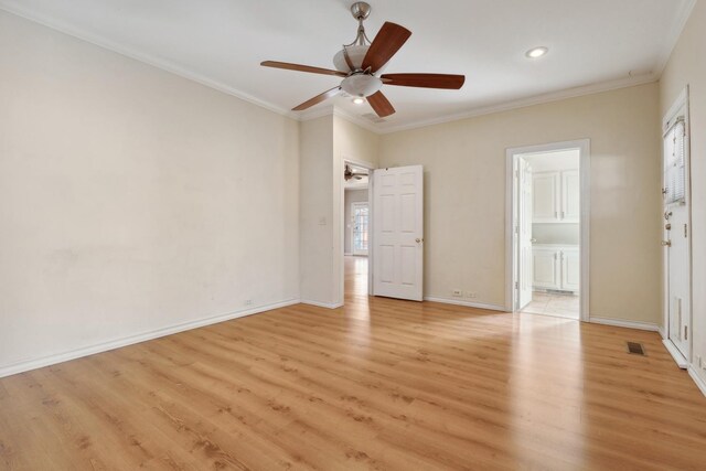 unfurnished bedroom with crown molding, ceiling fan, connected bathroom, and light hardwood / wood-style flooring