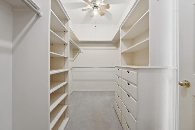 spacious closet with ceiling fan and light colored carpet