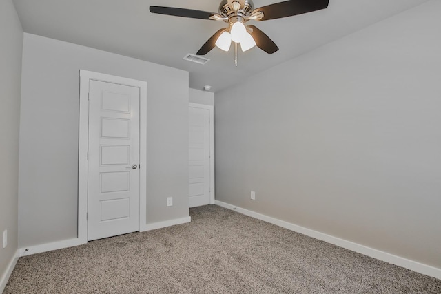 unfurnished bedroom with carpet and ceiling fan