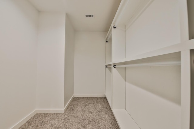 walk in closet with light colored carpet