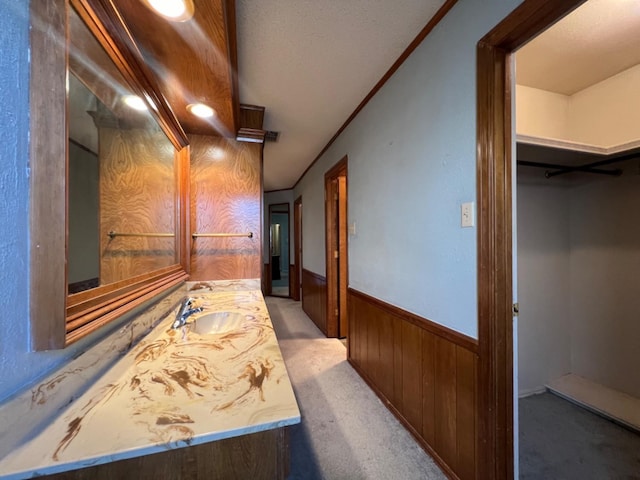 hall with ornamental molding, wooden walls, sink, and light carpet