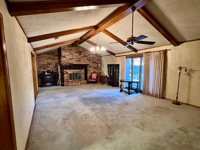 unfurnished living room with vaulted ceiling with beams, carpet, a textured ceiling, brick wall, and a brick fireplace