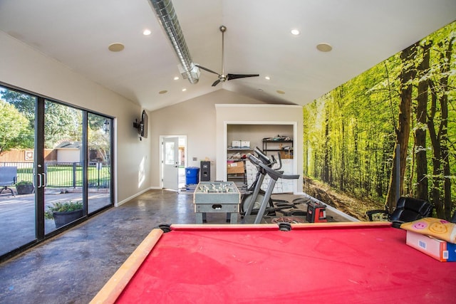 workout room with lofted ceiling