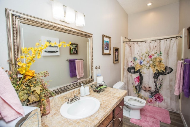 bathroom featuring a shower with curtain, vanity, toilet, and wood-type flooring