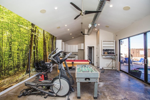 playroom with ceiling fan and high vaulted ceiling