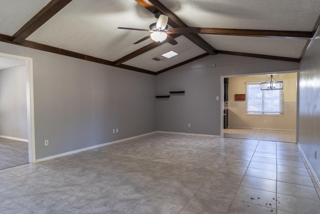 unfurnished living room featuring vaulted ceiling with beams, ceiling fan with notable chandelier, and a textured ceiling