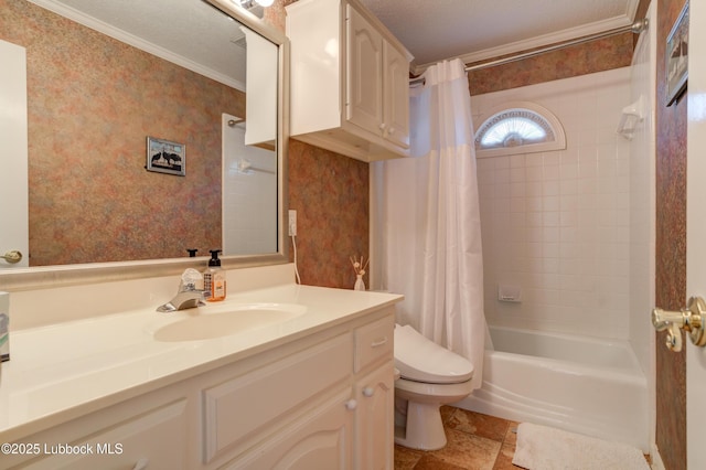 4801 Amherst St, Lubbock, TX 79416 - bathroom featuring vanity, wallpapered walls, shower / bath combo with shower curtain, and ornamental molding