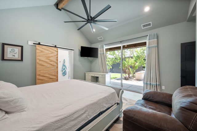 bedroom featuring access to exterior, beam ceiling, high vaulted ceiling, ceiling fan, and a barn door