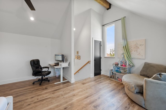 office space with lofted ceiling with beams, baseboards, wood finished floors, and recessed lighting