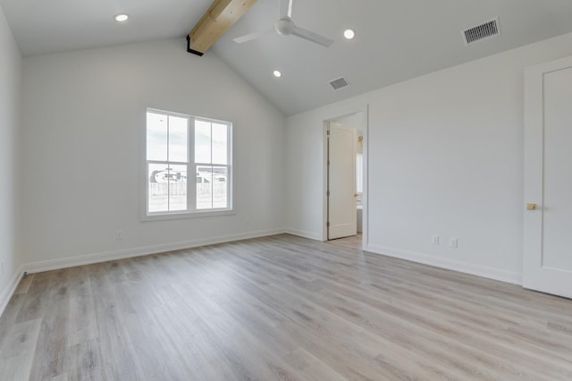 spare room featuring lofted ceiling with beams, light hardwood / wood-style floors, and ceiling fan