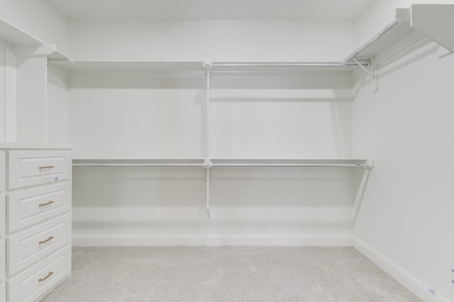 walk in closet featuring light colored carpet