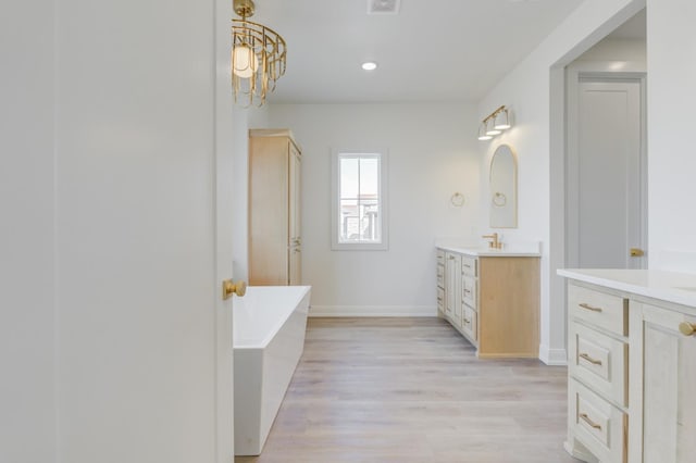 bathroom with vanity, a bathing tub, and wood-type flooring