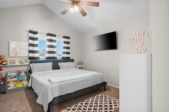 carpeted bedroom featuring vaulted ceiling and ceiling fan