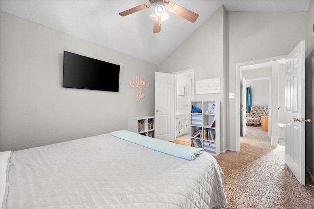 bedroom featuring high vaulted ceiling, ceiling fan, and carpet flooring