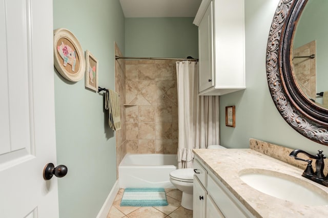 full bathroom featuring shower / tub combo with curtain, tile patterned floors, toilet, and vanity