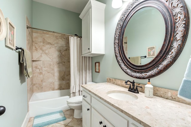 full bathroom with shower / bath combo, vanity, tile patterned floors, and toilet