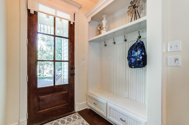 mudroom with dark wood-type flooring