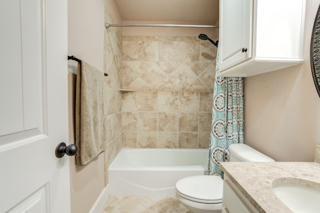 full bathroom featuring vanity, shower / bath combo, tile patterned floors, and toilet