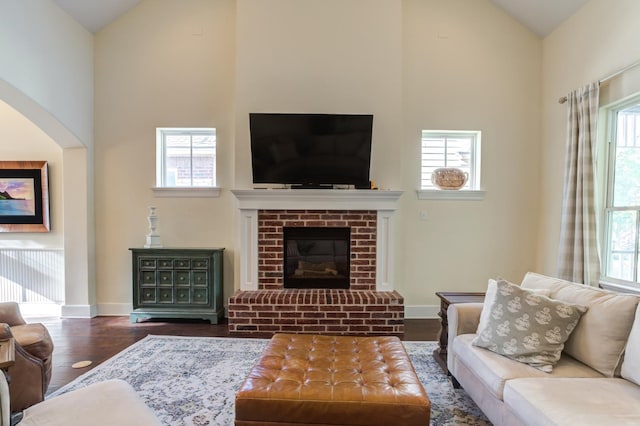 living room with hardwood / wood-style flooring, a fireplace, high vaulted ceiling, and a healthy amount of sunlight