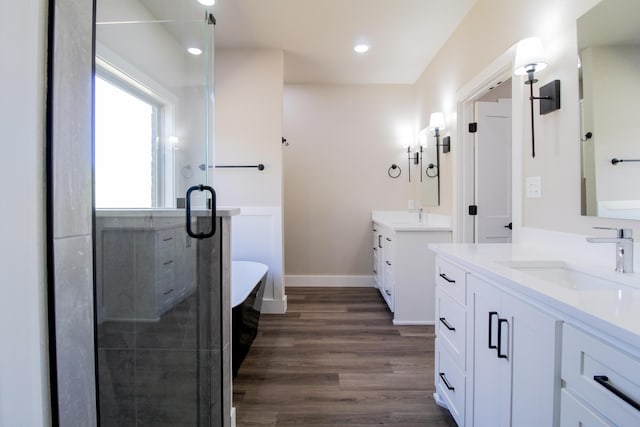 bathroom featuring wood finished floors, two vanities, a stall shower, and a sink