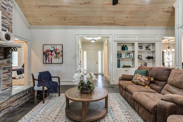 1403 10th St, Shallowater, TX 79363 - living area featuring wood ceiling, ornamental molding, a chandelier, plenty of natural light, and baseboards