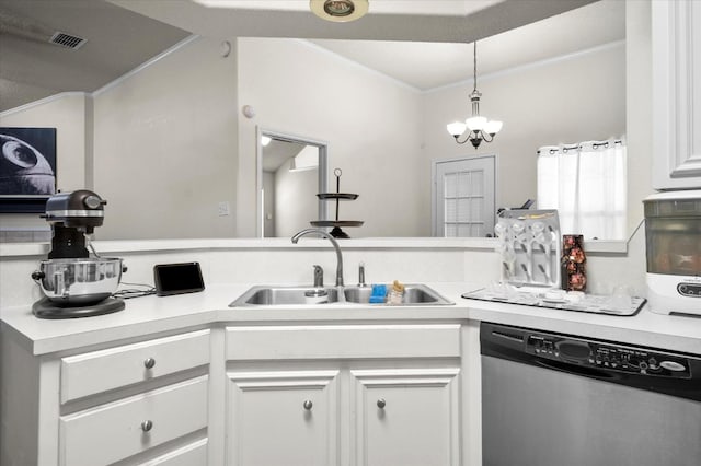 kitchen featuring white cabinets, crown molding, sink, and dishwasher