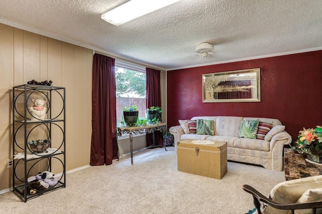 living room featuring crown molding, carpet floors, and a textured ceiling