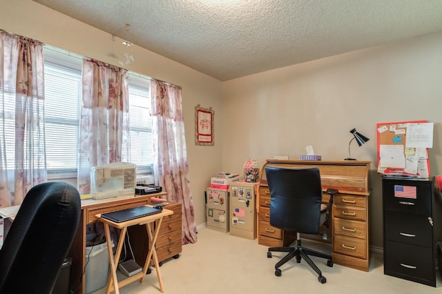 carpeted office featuring a textured ceiling