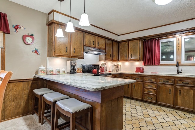 kitchen featuring pendant lighting, sink, a breakfast bar area, electric range oven, and kitchen peninsula