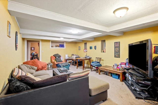 carpeted living room with a textured ceiling