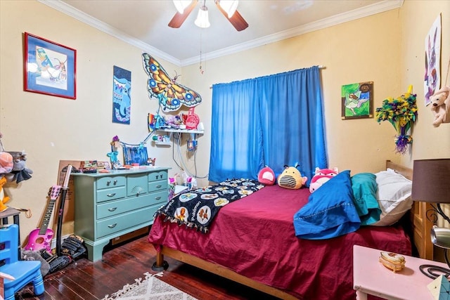 bedroom featuring ornamental molding, dark hardwood / wood-style floors, and ceiling fan